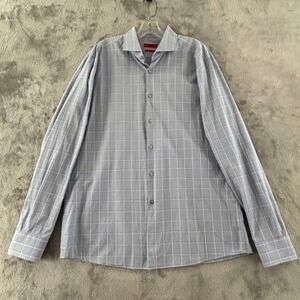 Hugo Boss Sharp‎ Fit Dress Shirt Mens 17 36/37 Blue Plaid Long Sleeve Button Up
